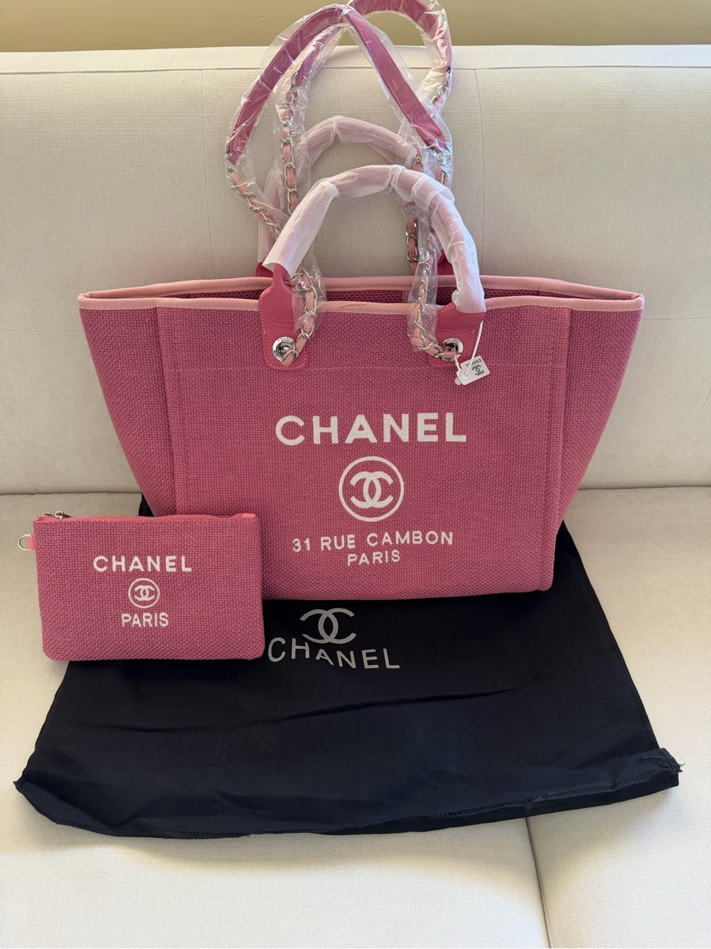 CC Pink Canvas Deauville Tote with Pouch  no name 2026 Brand New Final Sale